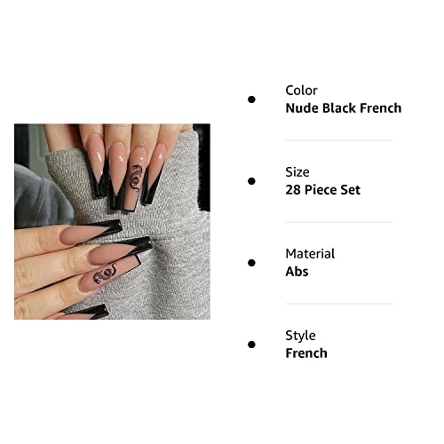 24 Pcs Glossy Press on Nails, Luvehandicraft Long Coffin Fake Nails, Glue on Nails Coffin, False Nails with Glue for Women and Girls (Nude Black French), 28 Piece Set - Thumbnail 7