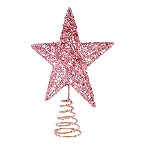 Unomor Pink Christmas Tree Topper 6.3 Inch Iron Art Five-Point Star Ornament Glittered Tree Decoration for Holiday Festive Home and Seasonal D Cor