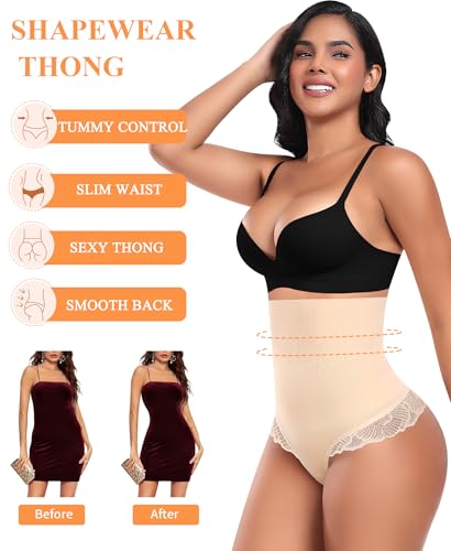 Tummy Control Thong Shapewear for Women Mid High Waisted Body Shaper Lace Shaping Thong Girdle Panty4