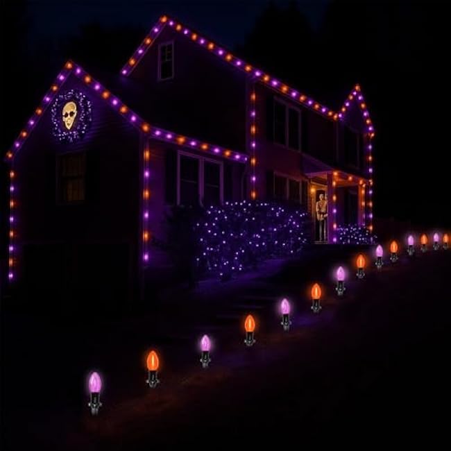 Halloween Pathway Lights, 10 Pack C9 LED Stake Lights with Purple & Orange Bulbs, 19.5ft Extendable Outdoor Walkway Lights for Garden, Yard, Driveway, Porch & Sidewalk Halloween Decorations