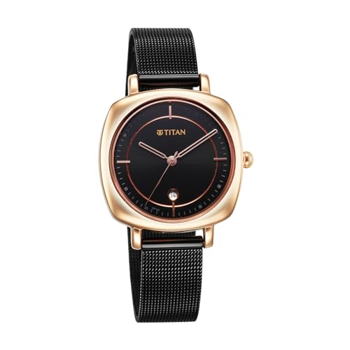 Image of Titan Work Wear 3 Hnads +Date Brown Square Dial Black Plating A1Stainless Steel Strap Women's Watch - 2730KM02