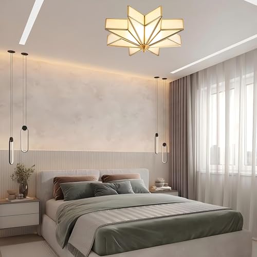 Image of LIGHTLAND 19.7 Inch Flush Mount Star Ceiling Light, 4 Lights Brass Ceiling Lamp with Glass Lampshade, Art Deco Close to Ceiling Light Fixtures for Bedroom Living Room Entryway Hallway, Gold