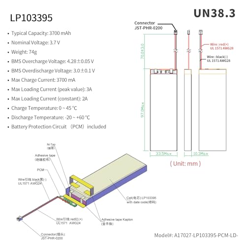 EEMB Lithium Polymer Battery 3.7V 3700mAh 103395 Lipo Rechargeable Battery Pack with Wire JST Connector for Speaker and Wireless Device- Confirm Device & Connector Polarity Before Purchase