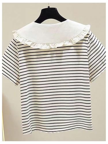 Girl's Button Front Striped Shirt Ruffle Trim Collar Short Sleeve Cute Tee Top2