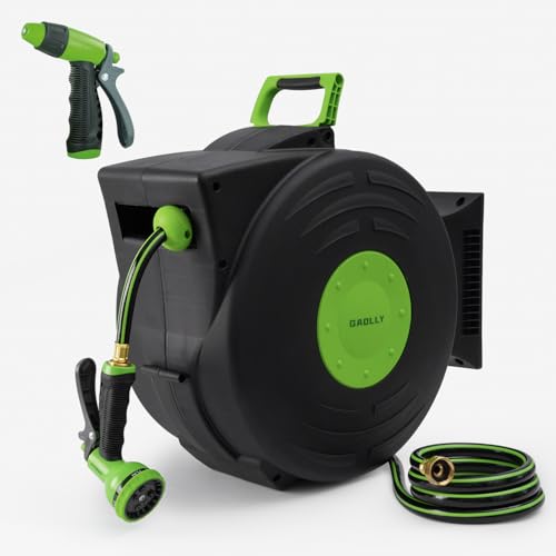 Retractable Garden Hose Reel 1/2” x 65ft, Wall Mount with 2 Spray Guns (7-Function & High-Pressure), Auto Rewind, Any Length Lock, for Lawn Watering, Car Washing, Patio & Pet Cleaning