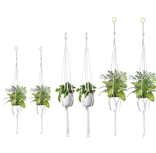 MJFENDAI Macramé plantenhangers, 6-delige set, vintage decoratieve plantenhangers, katoenen touw voor binnen en buiten, plafonds, balkons, wanddecoratie, 60 cm, 80 cm, 100 cm