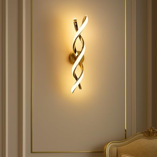 Image of SAH Twisted LED Wall Sconce, Luxury Gold Wall Lamp Decorative Acrylic Wall Lamp 3 Step Color Changing, (Warm, Neutral, Cool White) Ideal for Living Room, Bedroom, and Home Decoration