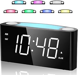 Alarm Clock Loud with 7 Colors Light, Bedside Alarm Clock Mains Powered for Kids, Heavy Sleepers, with 7'' LED Display, Snooze, 2 USB Charge Ports, Adjustable Volume & Brightness, Battery Backup