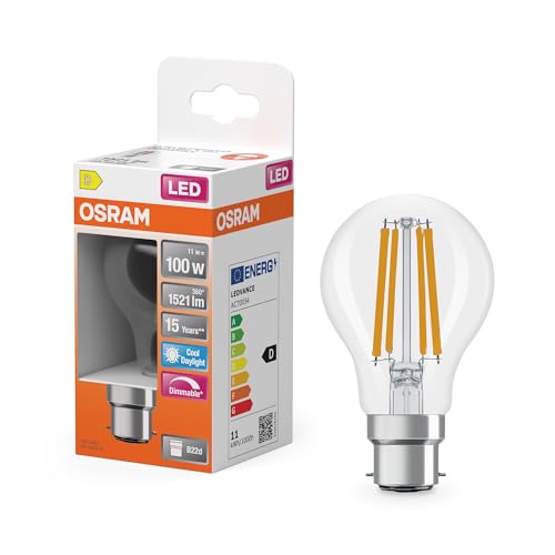 Osram Lampada Led Superstar Classic A100 11W 865, Luce Diurna 6500K, B22D, Trasparente, 1521 Lm, 15.000 Ore, Dimmerabile