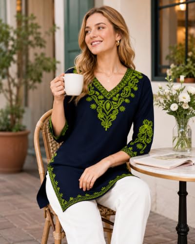 Image of Embroidered Chikankari Kurti with Kashmiri Aari Work, V-Neck, 3 /4 Sleeves, Rayon Fabric