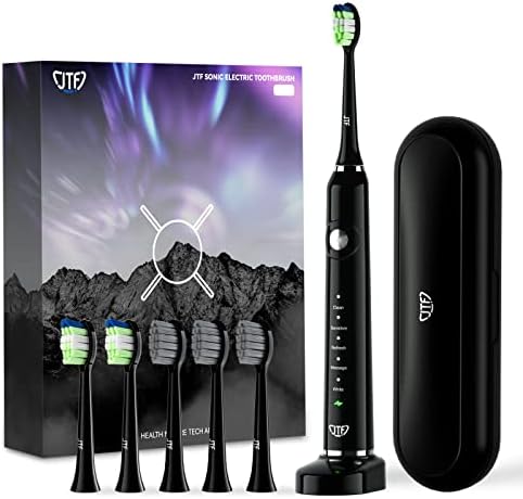 JTF Sonic Electric Toothbrush for Adults - Teeth Whitening Toothbrush with 6 Brush Heads and a Travel Case, Fast Charging for 60 Days Use Waterproof Toothbrushes, Black