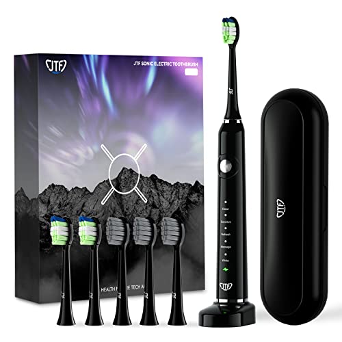 Jtf Sonic Electric Toothbrush For Adults - Teeth Whitening Toothbrush With 6 Brush Heads And A Travel Case, Fast Charging For 60 Days Use Waterproof Toothbrushes, Black #TOP23