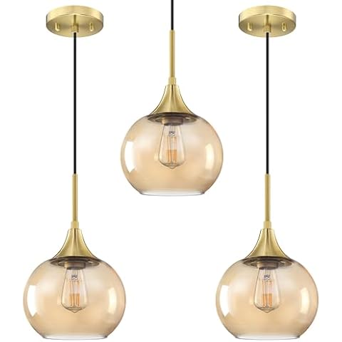 Dolaimi House 3 Pack 1 Light Hanging Indoor Kitchen Island Pendant Light 7.1" Clear Amber Glass Pendant Ceiling Light Fixture,Brushed Bronze Finish Modern Farmhouse Dinning Over Sink Cover