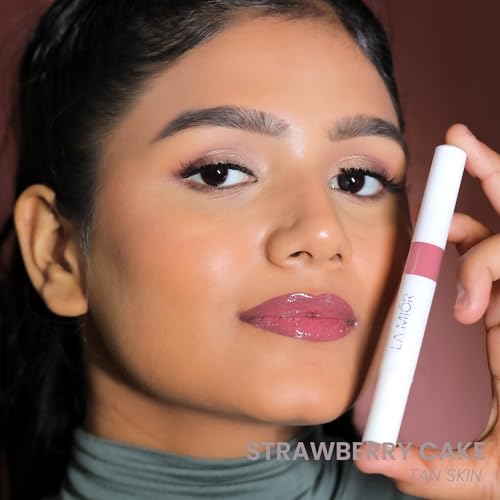 Image of LAMIOR Peptide Glaze Lip Balm - 3 in 1 Formula for Glossy Shine, Healing & Nourishment for Dry Dark & Pigmented Lips with Shea Butter, Non Sticky, Moisturizing Lip Balm for Women, (Strawberry Cake)