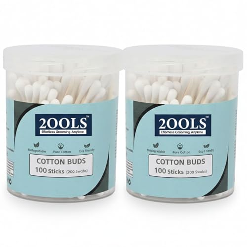 2ools Cotton Buds, Gentle Cotton Swabs for Personal Hygiene and Beauty - 100 Sticks (200 Swabs) (TSCS8001, Pack of 2)