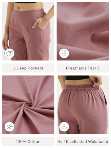 Image of SAADAA Pack of 2 Women's Cotton Pants | Regular Fit Mid-Rise Comfortable Trousers with Pockets | Casual