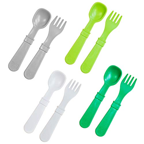 RE-PLAY Made in USA 8pk Toddler Feeding Spoon and Fork Set| Made from BPA Free Eco Friendly Recycled Milk Jugs | Grey, Lime, White & Kelly Green | Dishwasher Safe |Modern Green