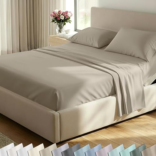 Image of California Design Den Split King Sheet Set - 100% Cotton, Luxury 600 Thread Count, Breathable Split King Size Sheets for Adjustable Bed, Luxury Durable Sheets with Soft Sateen Weave (Cool Taupe)