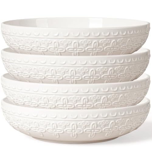 Artena Pasta Bowls 32oz, Ceramic Large Salad Bowls 8 inch, White Embossed Soup Bowl Set of 4 for Entertaining, Serving, Dinner, Wide Shallow Microwave Dishwasher Oven Safe (Four-Leaf Clover)