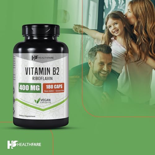 Healthfare Vitamin B2 Riboflavin 400 mg | 180 Capsules | Supplement | Gluten-Free | Non-GMO