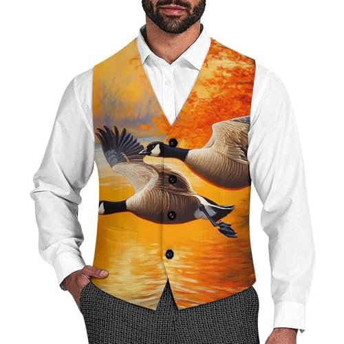Flying Geese Ducks Autumn Suit Vest for Men Slim Fit Sleeveless Jacket V Neck Business Waistcoat Button Up Dressy Top