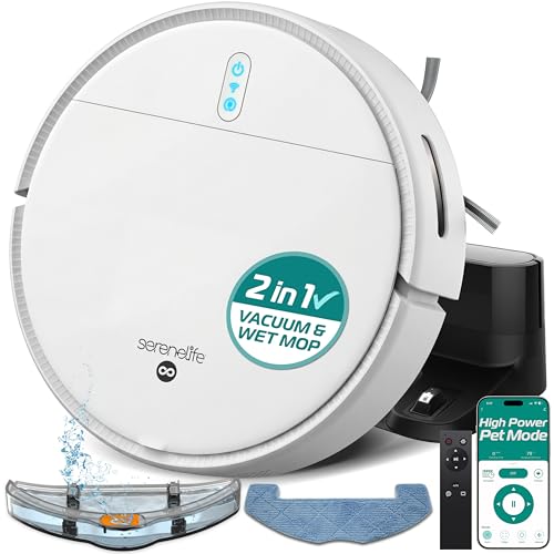 SereneLife Smart Robot Vacuum and Mop Combo, App Control, 3 Cleaning Modes, Anti-Fall Sensors, Multi-Surface Cleaning, Self-Charging, 1000Pa Suction Ideal for Pet Hair, Soft and Hard Floors, White
