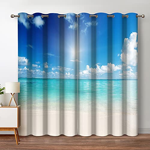 Jekeno Ocean Beach Blackout Curtains Tropical Blue Sky Cloud Sunshine