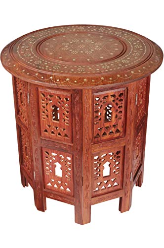Marokkanischer Tisch Beistelltisch aus Holz Caglanur Braun ø 45cm groß rund | Orientalischer runder Hocker Blumenhocker… – Bild 5