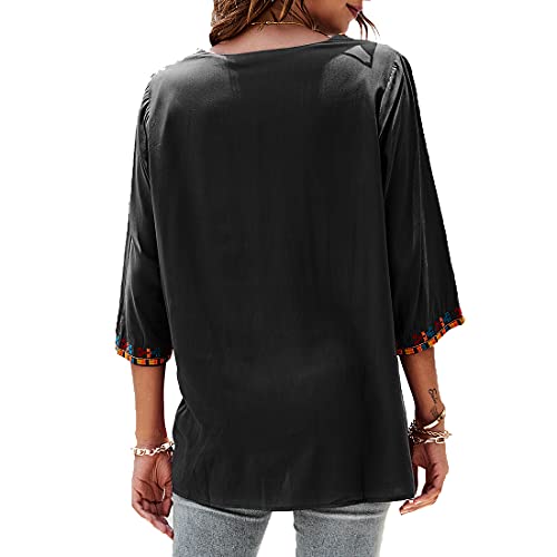 AK Embroidered Tops for Women 3/4 Sleeve Peasant Blouse Mexican Shirts V Neck Traditional Tunic Casual Tops4