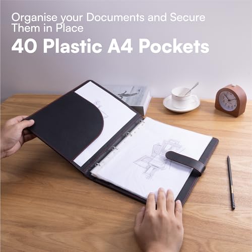 H&S A4 Portfolio Folder with Ring Binder Mechanism - with 40 Plastic A4 Document Pockets - Black Faux Leather Conference Folder - Image 2