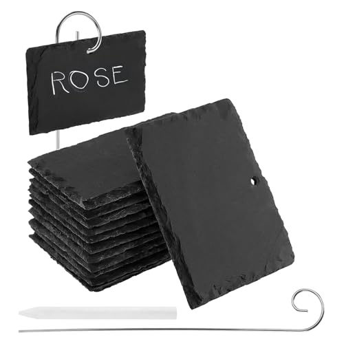 MUNGHOK Lot de 12 étiquettes en ardoise de 10 x 7 cm à écrire, étiquettes pour plantes avec tige en métal de 40 cm, étiquettes pour plantes en ardoise pour herbes et panneaux