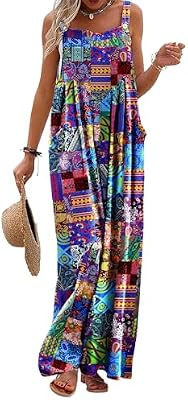 YESNO Women's Summer Casual Overalls - Loose Wide Leg Boho Floral Printed Baggy Romper with Pockets