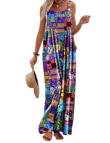 YESNO Women's Summer Casual Overalls Loose Wide Leg Jumpsuits Boho Floral Printed Baggy Rompers with Pockets PZH