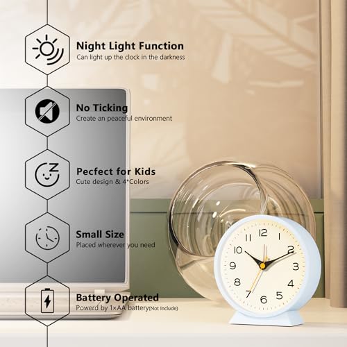 Image of AYRELY 4.5 inch Analog Alarm Clock,Small Retro Desk Clock Battery Operated,Silent Metal Table Clock with Light for Living Room Decor,Bedroom,Bedside,Shelf (Light Blue)