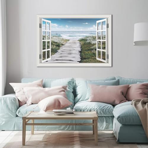 Ocean Canvas Wall Art Decor for Living Room Beach Flowers Path Pictures for Bedroom White Fake Window Frame Style Seascape Painting Extra Large Blue Coastal Landscape Art Print Hone Office Kitchen Basement Decorations 32" x 48"inch - Image 2