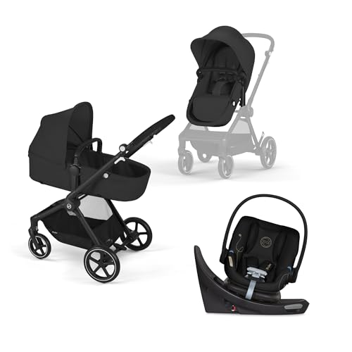 Image of Cybex EOS 5-in-1 Travel System Stroller + Lightweight Aton G Swivel Infant Car Seat, Moon Black, Black Frame