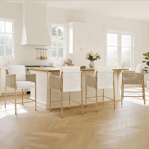 Image of CHITA Boho Rope Counter Height Bar Stools Set of 2, Modern Upholstered Bar Stools with Handwoven Rope Armrests, Metal Frame with Wood-Grain Finish, 26.4 inch Seat Height, Cream