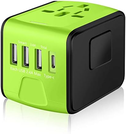 SAUNORCH Universal International Travel Power Adapter W/High Speed 2.4A USB, 3.0A Type-C Wall Charger, European Adapter, Worldwide AC Outlet Plugs Adapters for Europe, UK, US, AU, Asia-Green