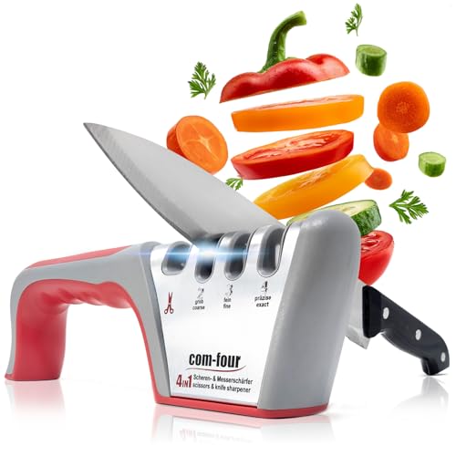 COM-FOUR® Afilador de cuchillos premium con 4 niveles - Apto para tijeras - Afilador de cuchillos manual profesional (1 pieza - color plateado. Gris. rojo)