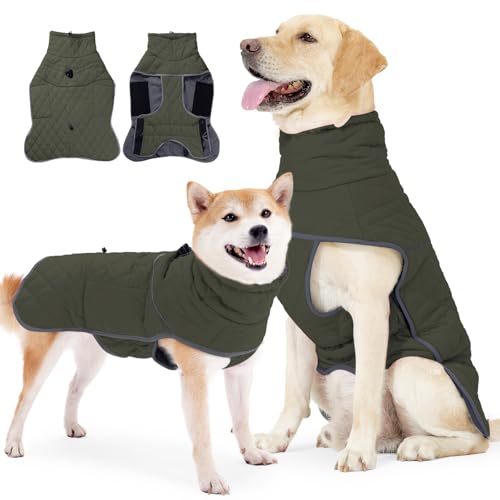 PAWIVID Waterproof Reflective Dog Coat with Lead Clip & Fleece Lining, Adjustable Underbelly Warm Jacket for Small Medium Large Dogs - Winter Outdoor Hiking Camping (Army green, XXXL)
