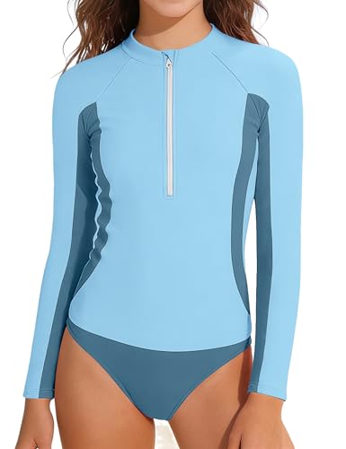 Gaupafmb Girls Rash Guard Swimwear Fashion 2PCS Color Block Long Sleeve Girls Bathing Suits Size 10-12
