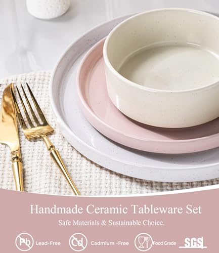 Image of AmorArc Ceramic Dinnerware Set for 4 | Handpainted Stoneware Plates and Bowls with Rustic unglazed terracotta | Scratch Resistant, Dishwasher & Microwave Safe Dishes Sets- 12-Pcs Colorful