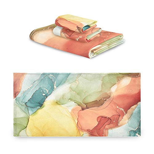 Alaza Orange Yellow Teal Green Marble Ink Abstract Fluid Art Bath Towel Set Luxury Decorative Set Of 3, 1 Bath Towel 1 Hand Towel 1 Washcloth Soft Multipurpose For For Bathroom Hotel Gym Yoga Spa #TOP1
