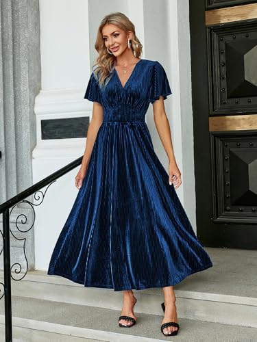 Image of Simplee Women's V Neck Velvet Maxi Dress Short Sleeve Empire Waist Long Formal Dress for Wedding Guest
