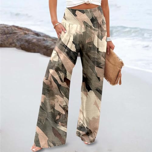 Wide Leg Linen Pants for Women High Waist Tropical Print Loose Flowy Palazzo Pants Casual Pull On Trousers with Pockets2
