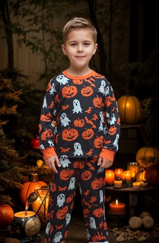 QHKEPW Halloween Boys Girls Pyjamas Ghost Pumkin Bat 4-5 Years Pjs Sets Kids Toddler Cotton Long Sleeve Sleepwear 2 Piece Clothes Outfits Winter Nightwear Black - Image 2