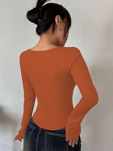 Image of Sugathari Women's Black Solid Long Sleeve Wrap-Style Square Split Crew Neck Bodycon Women T-Shirt Spring and Summer Top, Minimalist and Fashionable for Everyday Casual Wear Tops (T-Shirt 181)