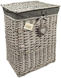 WoodLuv Large Rectangular Laundry Linen Willow Wicker Basket with Lining, Grey