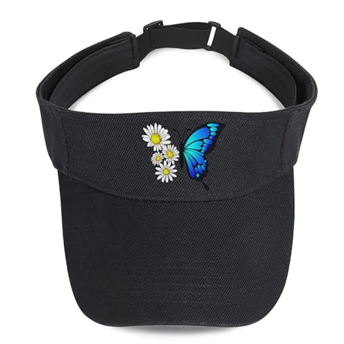 Image of Butterfly Flower Visor Hat Black Women Running Visors Adjustable Size Stylish Sunflower Tennis Summer Sun Visors for Men Boy