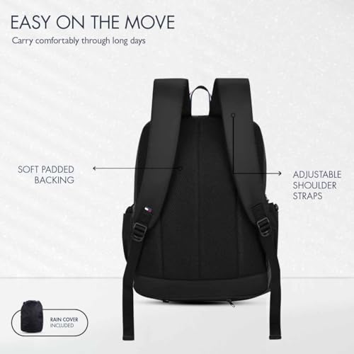 Image of Tommy Hilfiger Professional School Backpack Stud - Black | Durable Water-Resistant Bag for Teens with Signature Metal Logo | 3 Compartments | Soft File Sleeve & Integrated Rain Cover | 30L Capacity